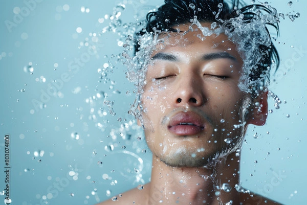 Fototapeta 水を浴びるアジア人男性、美容イメージ