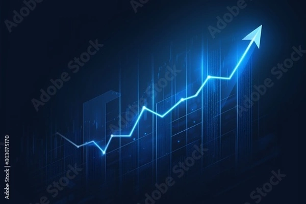 Obraz Blue growth graph business chart data diagram on success financial presentation background with abstract up arrow bar symbol