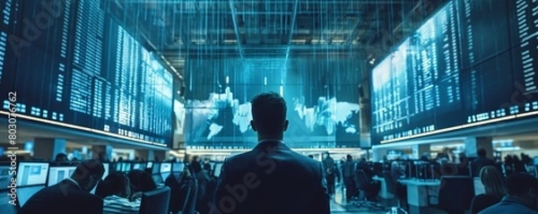 Fototapeta Dramatic blend of a business presentation with a bustling stock exchange