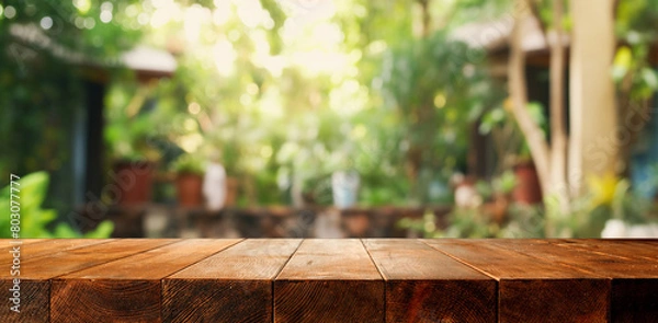 Obraz Wooden board empty table background. defocussed sunny room interior