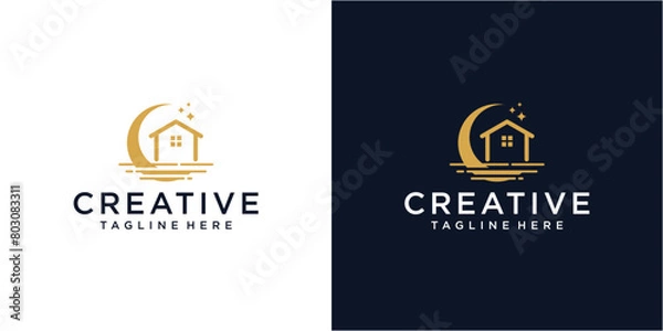 Fototapeta Creative crescent house logo design template.