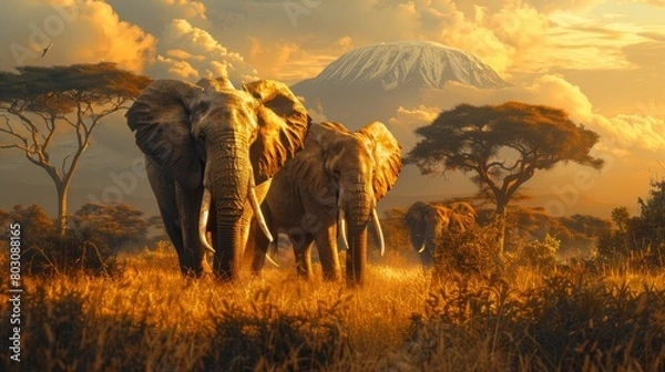 Fototapeta Two elephants walking in the wild, with a mountain in the background