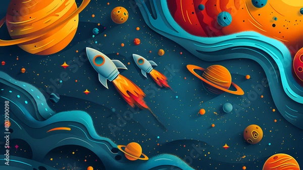 Fototapeta Seamless pattern with cartoon rockets blasting through a starry space with planets and moons