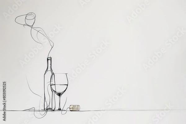 Fototapeta Simple line drawing of a glass of wine and a bottle of wine. Wine aesthetics. Isolated white background