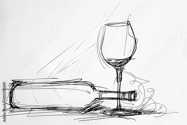 Fototapeta Simple line drawing of a glass of wine and a bottle of wine. Wine aesthetics. Isolated white background