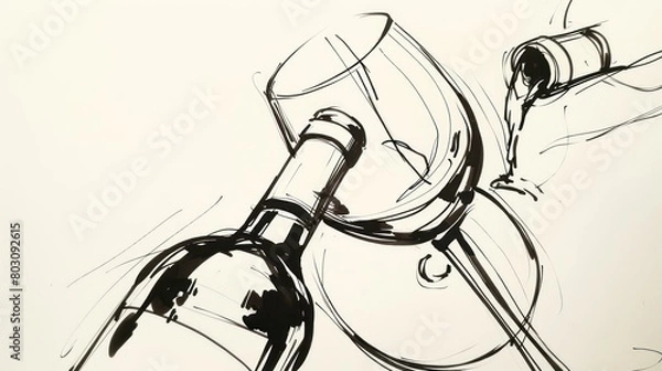 Fototapeta Simple line drawing of a glass of wine and a bottle of wine. Wine aesthetics. Isolated white background