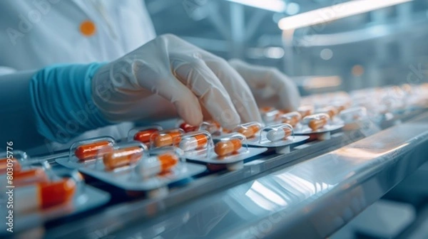 Obraz Pharmacologist checks blister packs with medicinal capsules moving on a conveyor. Plastic package with capsule meds. Medication capsules in blisters. Pharmaceutical factory production line. Macro