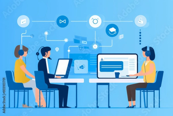 Fototapeta Operators in a call center equipped with phones and surrounded by FAQ icons.