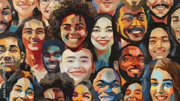 Fototapeta Artistic mosaic of diverse faces. A vibrant depiction of human diversity, ideal for illustrating unity and the beauty of our differences.
