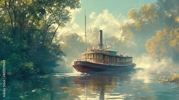 Fototapeta An old-fashioned paddle steamer cruising along a misty river in a nostalgic vintage style.,