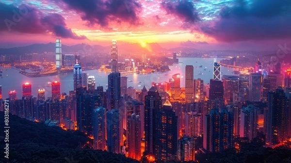 Fototapeta The city skyline comes alive at dusk. Showcasing the glow of a bustling city Suitable for bright and lively background themes.