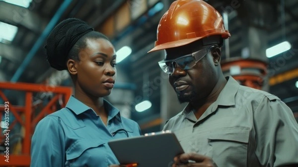 Fototapeta Engineers Consulting on Factory Floor