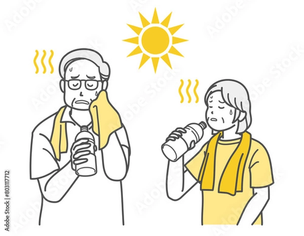 Fototapeta 熱中症で水分補給するシニア夫婦のイラスト