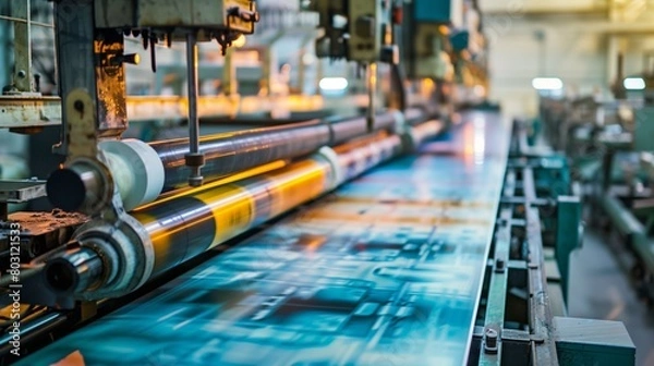 Fototapeta Industrial printing press machine in operation, printing large rolls of paper in vibrant colors.