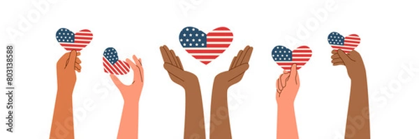 Fototapeta Set of hands holding american flag in the shape of heart. Memorial day and Independence day concept. Vector flat illustration.