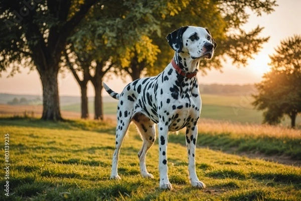 Obraz full body of Dalmatian dog on blurred countryside background, copy space