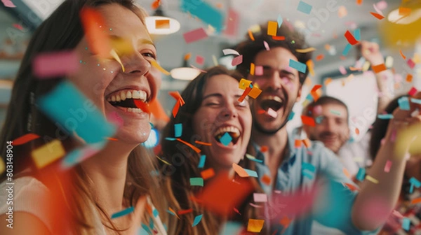 Fototapeta A group of people celebrating with smiles, laughter, and confetti in an office environment, embodying a spirit of success and celebration.