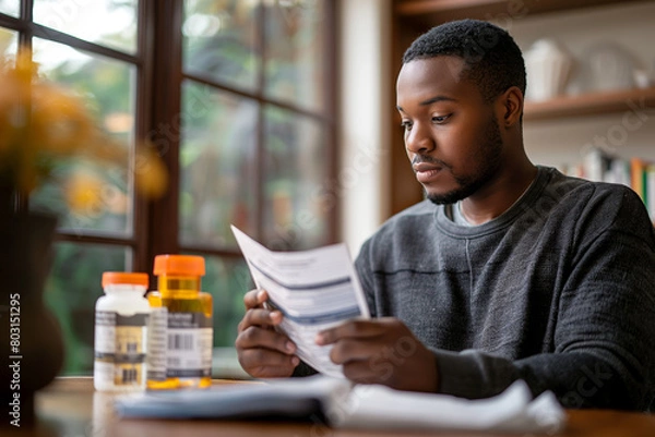 Fototapeta Young man critically examining medication labels at home. Suitable for healthcare, informed patient decisions, and medication safety awareness.