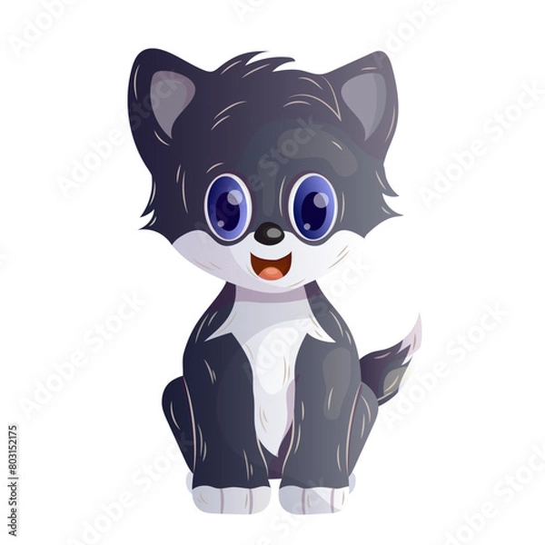 Fototapeta Cute cartoon gray kitten sitting upright. Isolated object on a white background.