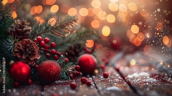 Fototapeta Christmas background with red and gold ornaments