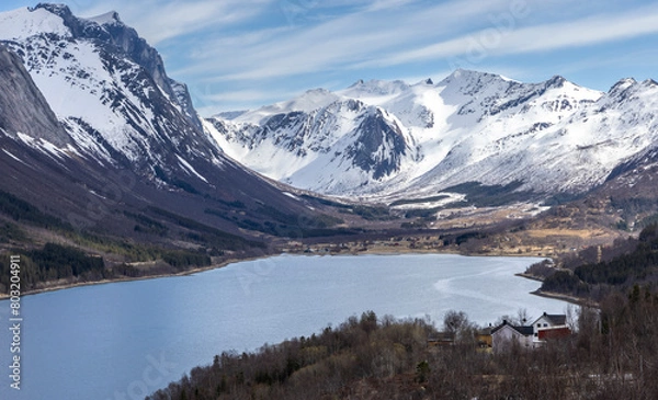 Fototapeta Panorama view of the Bjærangfjorden in April in Nordland county, Norway