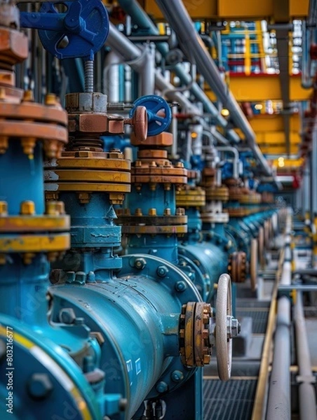 Obraz A detailed view of pipelines and valves at a petrochemical plant, showcasing the intricate network managing fluid flow