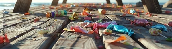 Fototapeta Abandoned beach picnic table strewn with colorful wrappers and leftover candies