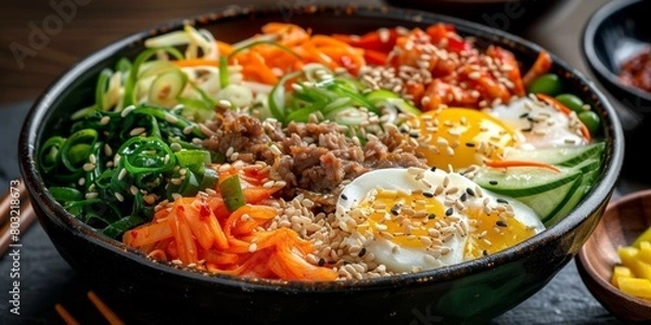 Obraz Korean Food Bibimbap With Kimchi And Egg In Black Bowl