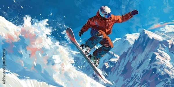 Obraz A snowboarder jumps over a snowy mountain