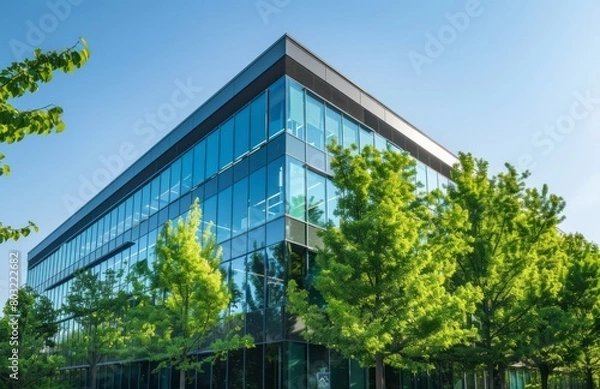 Fototapeta A sleek, modern office building with large glass windows and green trees outside, symbolizing eco-friendly business practices. The sky is a clear blue in the background
