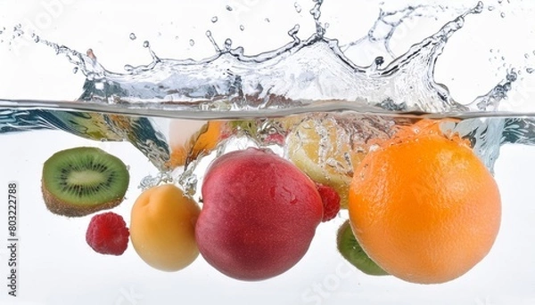 Fototapeta Splash of water on a medley of mixed fresh organic ripe fruits juicy, colorful, and ready to delight the senses, isolated on white background