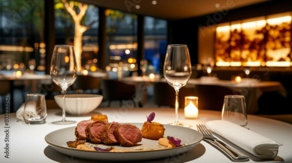 Fototapeta A delectable plate of lamb with accompaniments in a fine dining restaurant