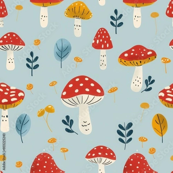 Fototapeta A seamless pattern of cute cartoon mushrooms and leaves on a blue background.