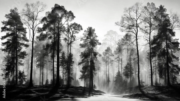 Obraz Forest trees in the fog silhouette style dark black and white landscape background