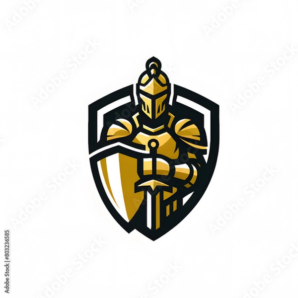 Fototapeta A highly stylized logo featuring a knight in golden armor holding a sword and shield against a white background.
