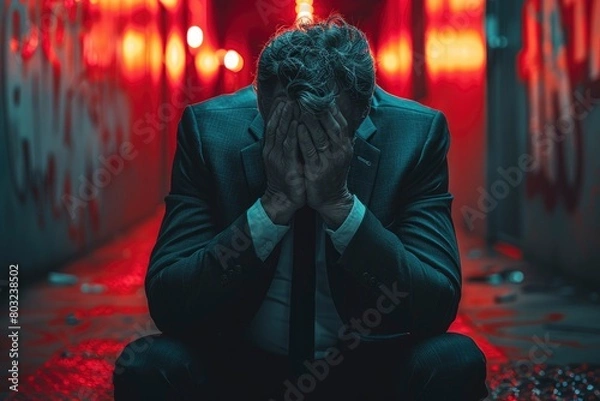 Fototapeta A sad businessman in suit sitting on bench and crying with head down holding his hands over face
