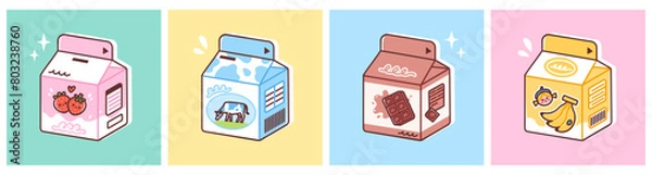 Obraz Cute flavored milk cartons. Flavors include banana, strawberry and chocolate. Vector illustration of sweet dairy drink for kids. Colorful flat style.
