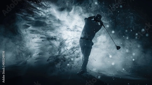 Fototapeta A man playing golf in snowy weather. Suitable for winter sports concepts
