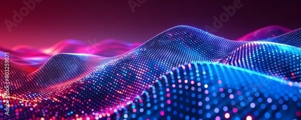 Fototapeta Abstract vector wavy dots background with blue and red lights on dark purple background Generative AI