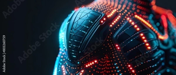 Fototapeta Generate a highly detailed 3D rendering of a futuristic soldier wearing a black and blue exoskeleton armor