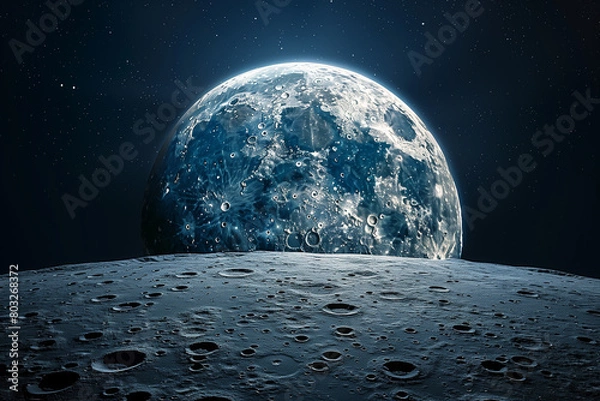 Fototapeta Moon and Earth. Moon with craters in deep black space. Moonwalk. Earth at night.