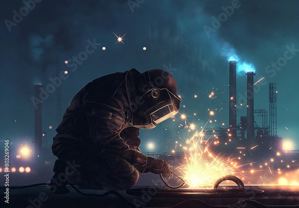 Fototapeta A man is welding with a bright blue flame. Concept of danger and excitement, as the sparks and heat from the welding process can be intense and potentially harmful