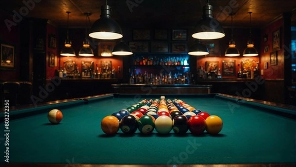 Obraz A pool table with a green cloth and a pile of balls on it.