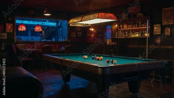 Obraz A pool table with a blue cloth and a few balls on it, in a biker bar.