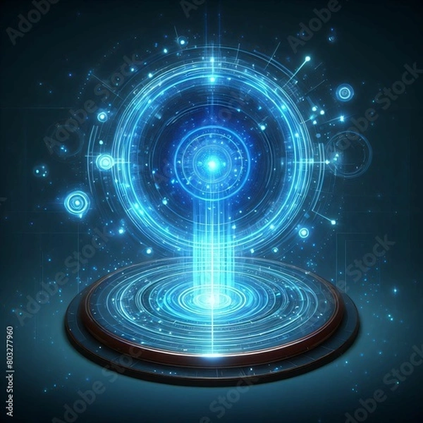Fototapeta Abstract style against a dark backdrop. Blank display, stage, or podium to showcase product in futuristic cyberpunk design. Technology demonstration. Futuristic circular 3D lab stage with HUD elements
