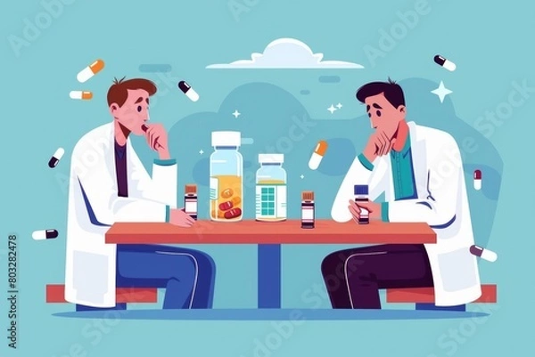 Fototapeta Two men sitting at a table surrounded by pills. Suitable for healthcare and addiction concepts
