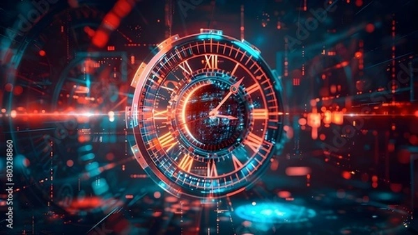 Fototapeta Futuristic time travel technology depicted through clock motifs in abstract background. Concept Time Travel Technology, Futuristic Design, Clock Motifs, Abstract Backgrounds