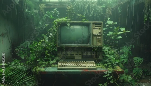 Obraz Old computer surrounded by plants in natural landscape