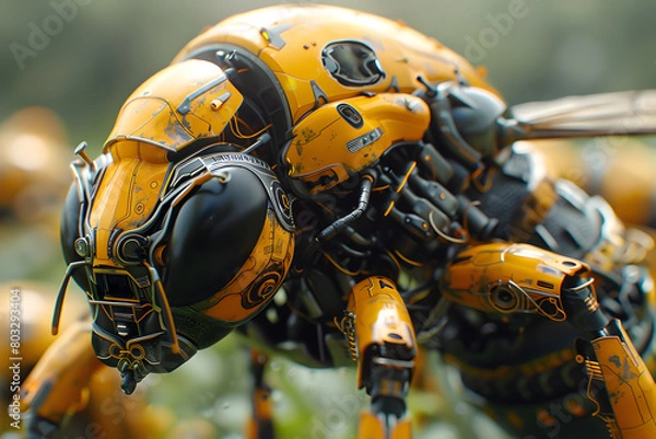 Obraz Hi-tech robotic bee prototype with advanced AI capabilities and enhanced safety features.