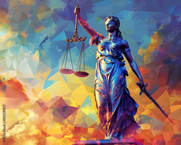 Obraz The colorful background of the image represents the diversity of the legal system, while the central figure of Justice holding a sword and scales represents the impartiality and fa